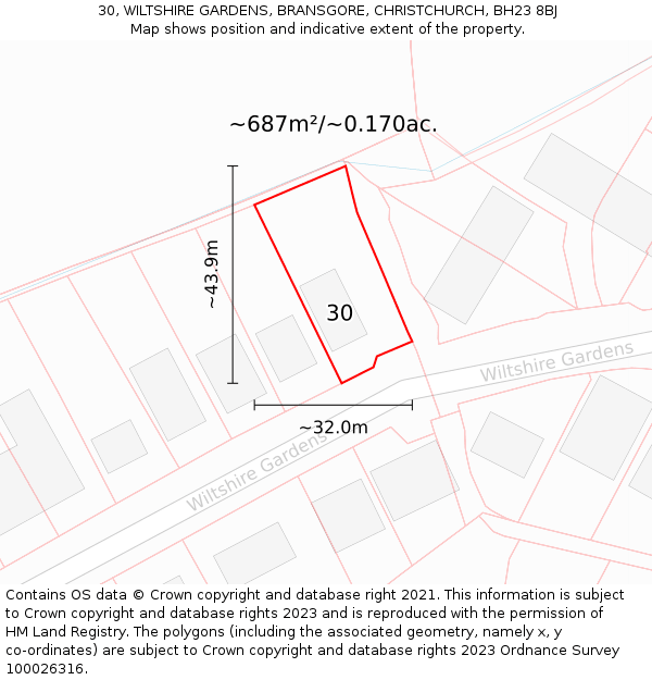 30, WILTSHIRE GARDENS, BRANSGORE, CHRISTCHURCH, BH23 8BJ: Plot and title map