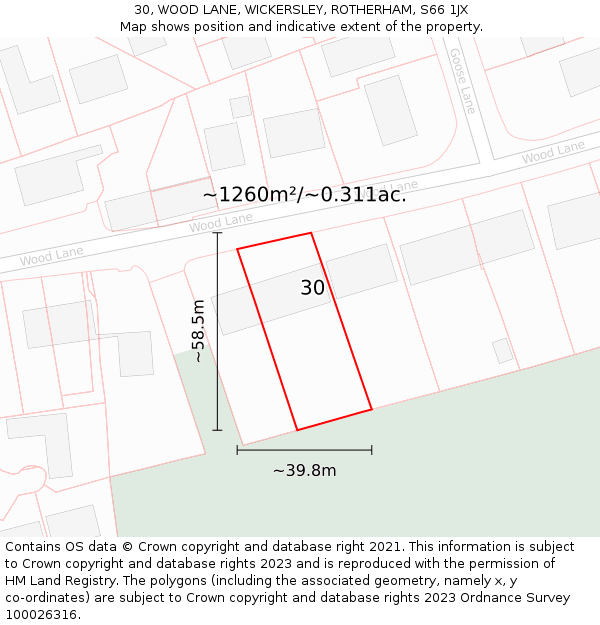 30, WOOD LANE, WICKERSLEY, ROTHERHAM, S66 1JX: Plot and title map