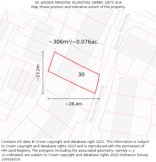 30, WOODS MEADOW, ELVASTON, DERBY, DE72 3UX: Plot and title map