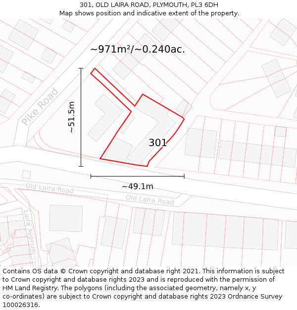 301, OLD LAIRA ROAD, PLYMOUTH, PL3 6DH: Plot and title map