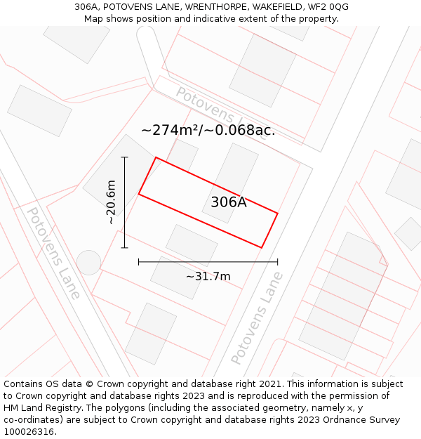 306A, POTOVENS LANE, WRENTHORPE, WAKEFIELD, WF2 0QG: Plot and title map