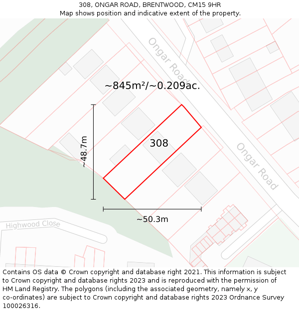 308, ONGAR ROAD, BRENTWOOD, CM15 9HR: Plot and title map