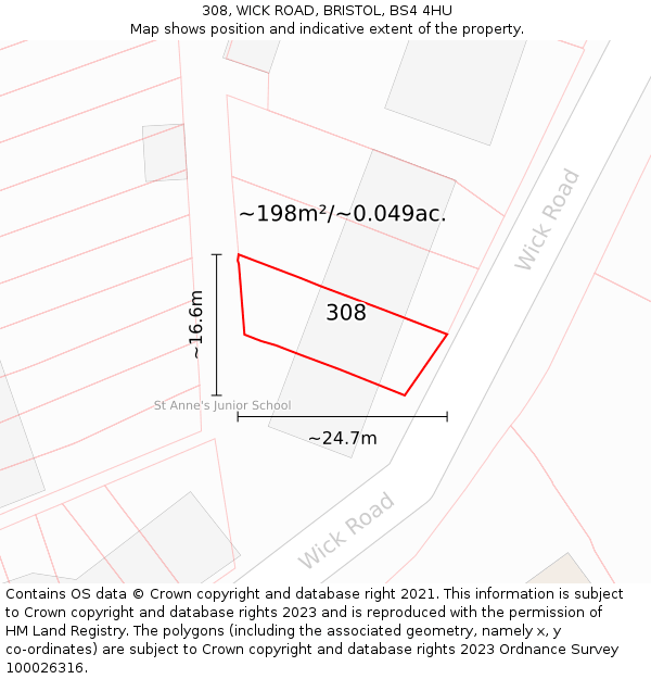 308, WICK ROAD, BRISTOL, BS4 4HU: Plot and title map