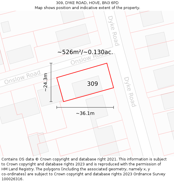 309, DYKE ROAD, HOVE, BN3 6PD: Plot and title map