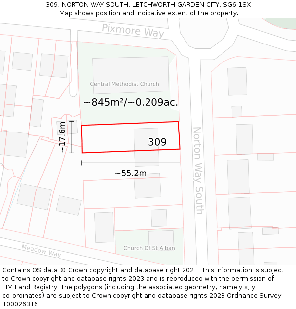 309, NORTON WAY SOUTH, LETCHWORTH GARDEN CITY, SG6 1SX: Plot and title map