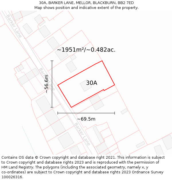 30A, BARKER LANE, MELLOR, BLACKBURN, BB2 7ED: Plot and title map