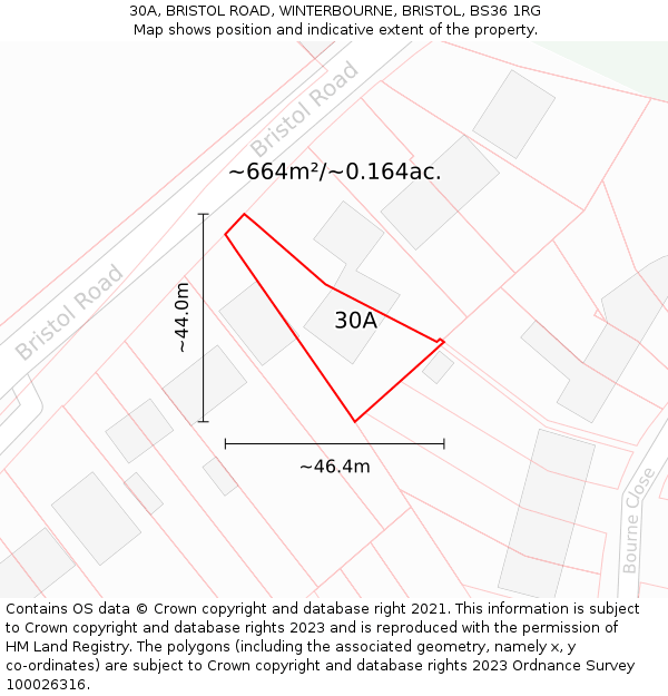 30A, BRISTOL ROAD, WINTERBOURNE, BRISTOL, BS36 1RG: Plot and title map