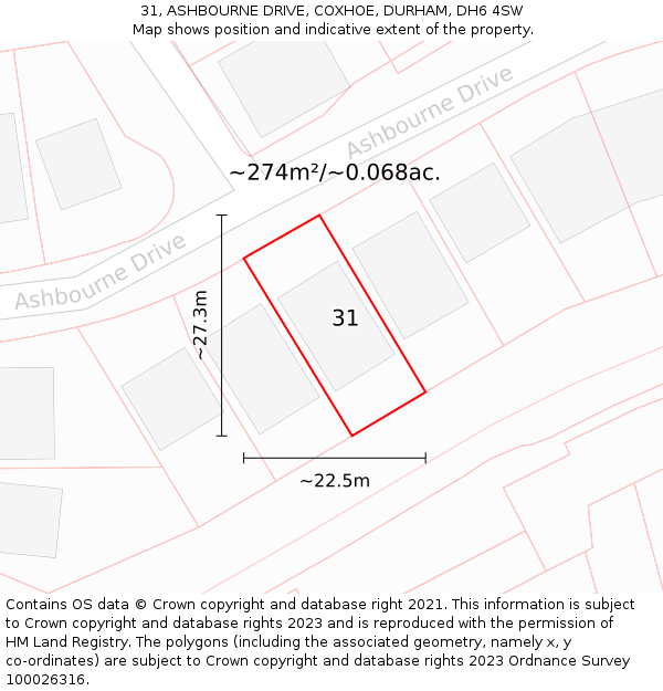 31, ASHBOURNE DRIVE, COXHOE, DURHAM, DH6 4SW: Plot and title map