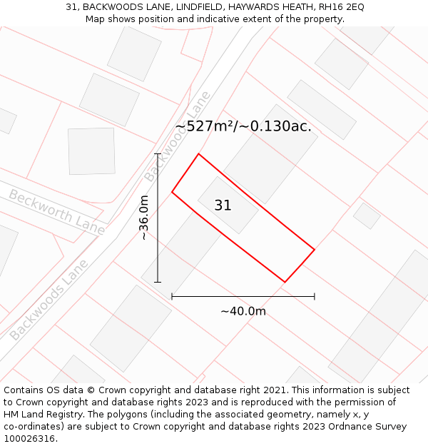 31, BACKWOODS LANE, LINDFIELD, HAYWARDS HEATH, RH16 2EQ: Plot and title map