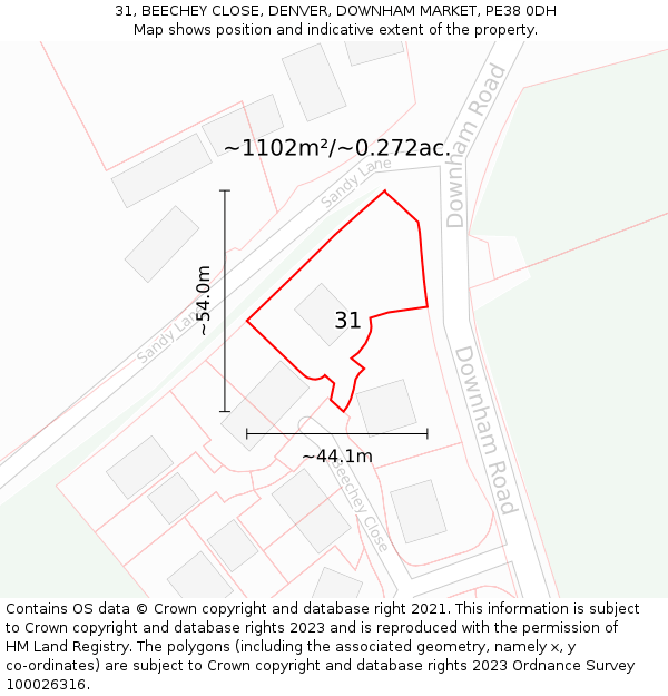 31, BEECHEY CLOSE, DENVER, DOWNHAM MARKET, PE38 0DH: Plot and title map