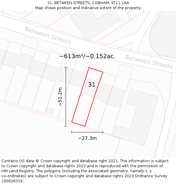 31, BETWEEN STREETS, COBHAM, KT11 1AA: Plot and title map