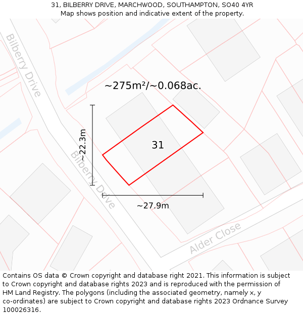 31, BILBERRY DRIVE, MARCHWOOD, SOUTHAMPTON, SO40 4YR: Plot and title map