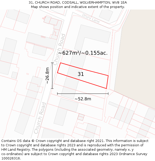 31, CHURCH ROAD, CODSALL, WOLVERHAMPTON, WV8 1EA: Plot and title map