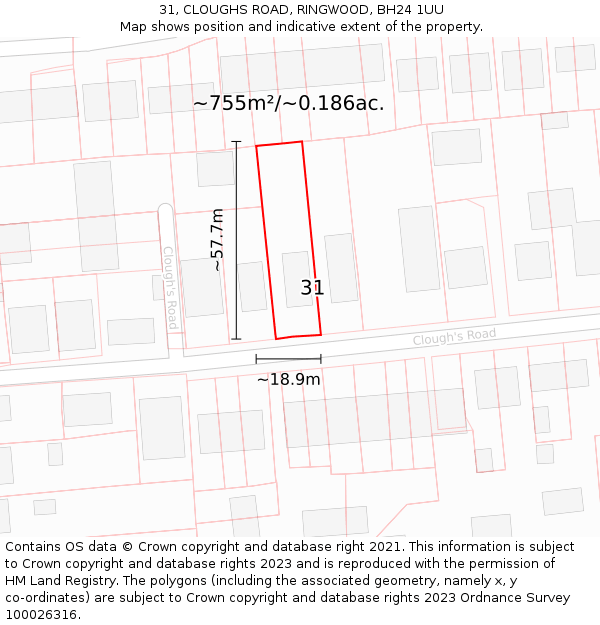 31, CLOUGHS ROAD, RINGWOOD, BH24 1UU: Plot and title map