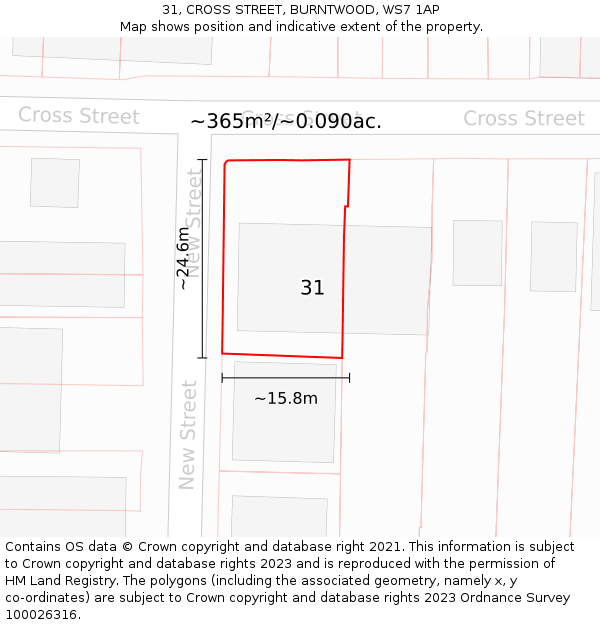 31, CROSS STREET, BURNTWOOD, WS7 1AP: Plot and title map