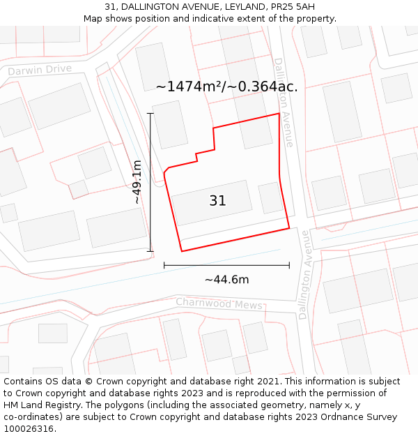 31, DALLINGTON AVENUE, LEYLAND, PR25 5AH: Plot and title map