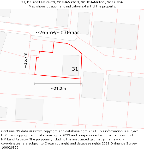 31, DE PORT HEIGHTS, CORHAMPTON, SOUTHAMPTON, SO32 3DA: Plot and title map