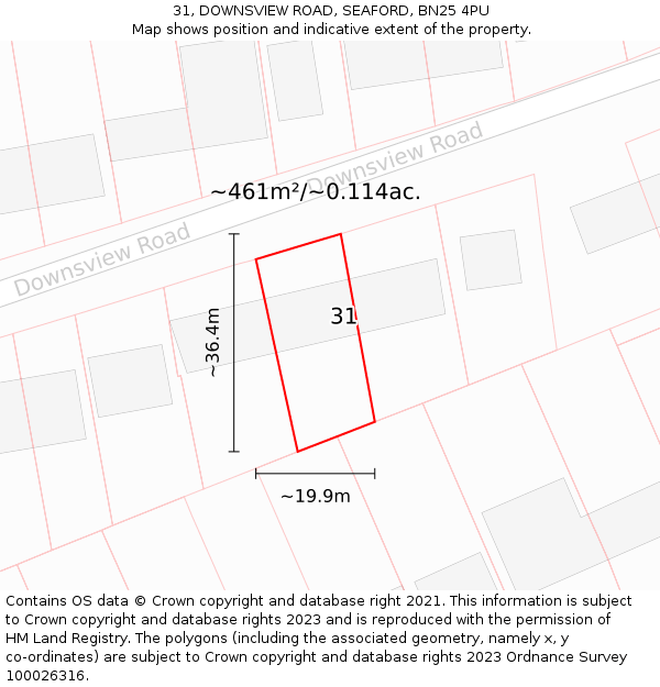 31, DOWNSVIEW ROAD, SEAFORD, BN25 4PU: Plot and title map