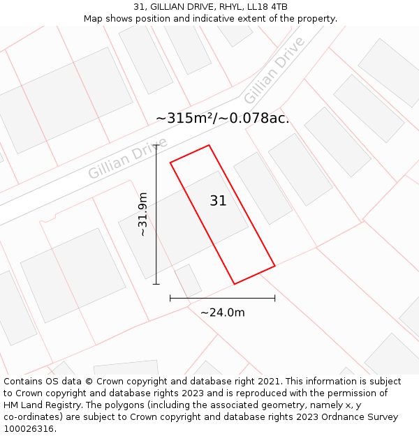 31, GILLIAN DRIVE, RHYL, LL18 4TB: Plot and title map