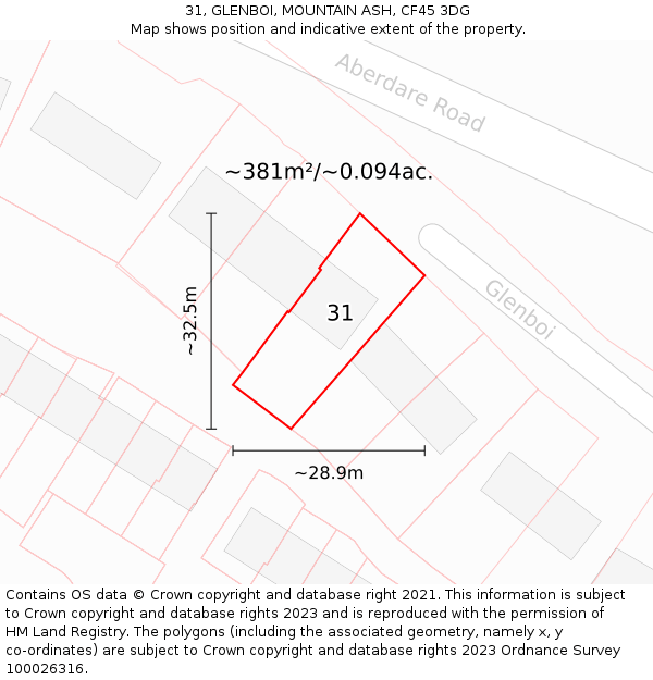 31, GLENBOI, MOUNTAIN ASH, CF45 3DG: Plot and title map