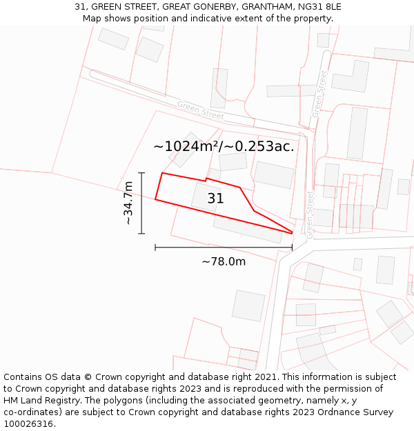 31, GREEN STREET, GREAT GONERBY, GRANTHAM, NG31 8LE: Plot and title map