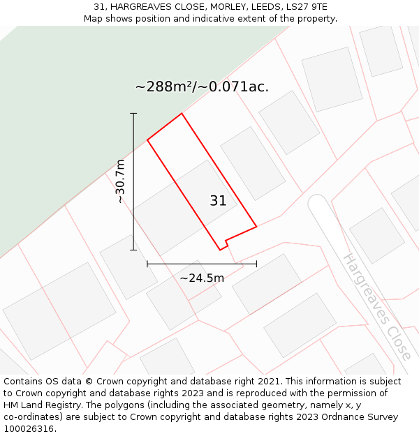 31, HARGREAVES CLOSE, MORLEY, LEEDS, LS27 9TE: Plot and title map