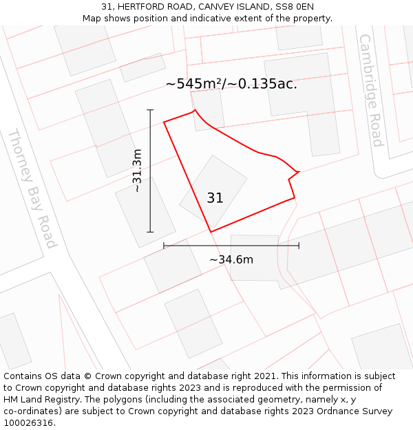 31, HERTFORD ROAD, CANVEY ISLAND, SS8 0EN: Plot and title map