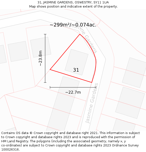 31, JASMINE GARDENS, OSWESTRY, SY11 1UA: Plot and title map