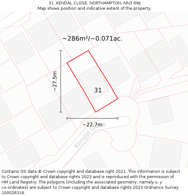 31, KENDAL CLOSE, NORTHAMPTON, NN3 6WJ: Plot and title map