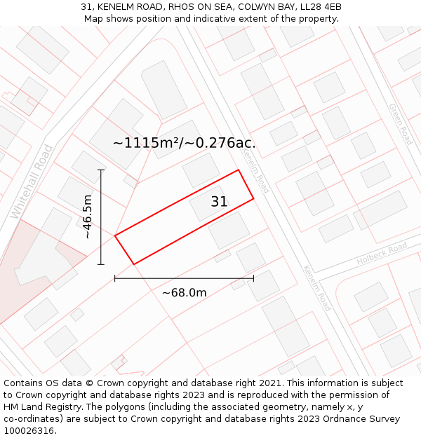 31, KENELM ROAD, RHOS ON SEA, COLWYN BAY, LL28 4EB: Plot and title map