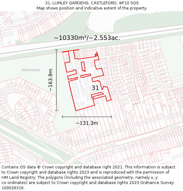 31, LUMLEY GARDENS, CASTLEFORD, WF10 5GS: Plot and title map