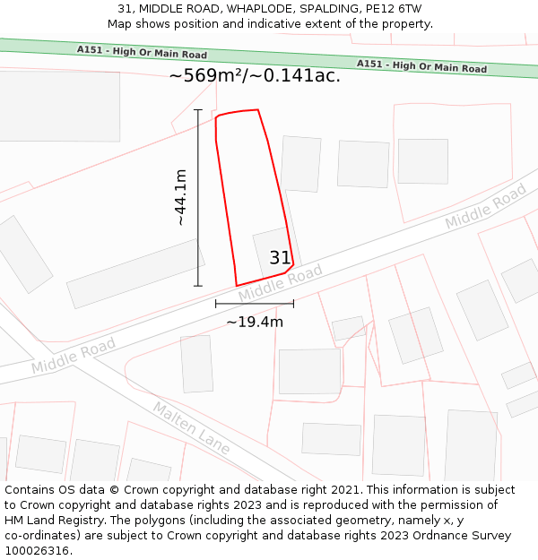 31, MIDDLE ROAD, WHAPLODE, SPALDING, PE12 6TW: Plot and title map