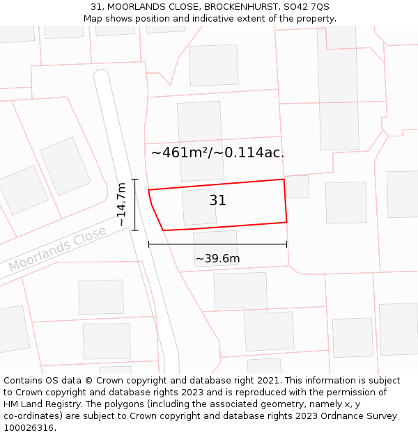 31, MOORLANDS CLOSE, BROCKENHURST, SO42 7QS: Plot and title map