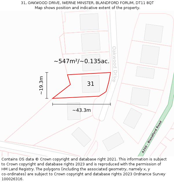 31, OAKWOOD DRIVE, IWERNE MINSTER, BLANDFORD FORUM, DT11 8QT: Plot and title map