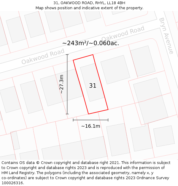 31, OAKWOOD ROAD, RHYL, LL18 4BH: Plot and title map