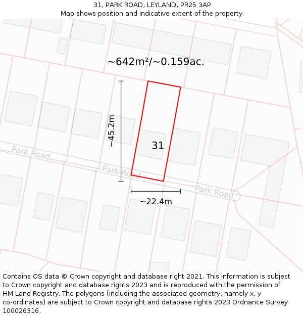 31, PARK ROAD, LEYLAND, PR25 3AP: Plot and title map