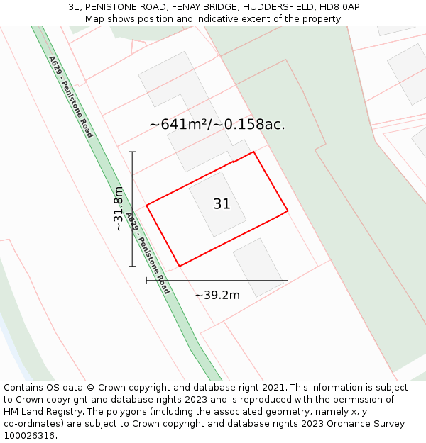 31, PENISTONE ROAD, FENAY BRIDGE, HUDDERSFIELD, HD8 0AP: Plot and title map