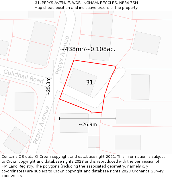 31, PEPYS AVENUE, WORLINGHAM, BECCLES, NR34 7SH: Plot and title map