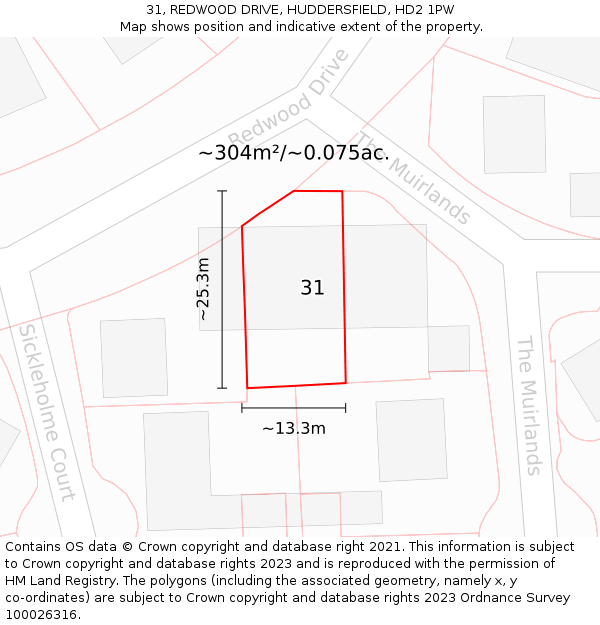 31, REDWOOD DRIVE, HUDDERSFIELD, HD2 1PW: Plot and title map