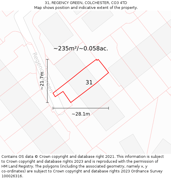 31, REGENCY GREEN, COLCHESTER, CO3 4TD: Plot and title map