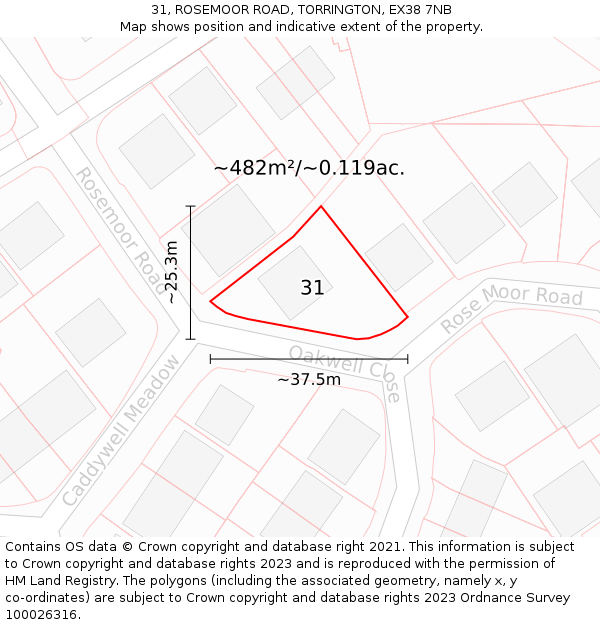 31, ROSEMOOR ROAD, TORRINGTON, EX38 7NB: Plot and title map