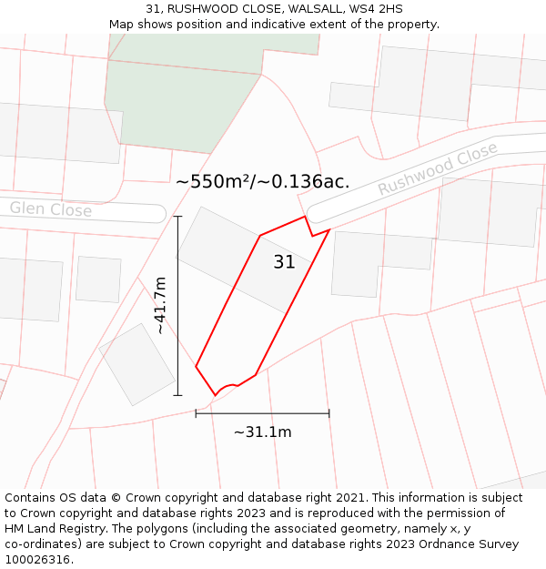 31, RUSHWOOD CLOSE, WALSALL, WS4 2HS: Plot and title map