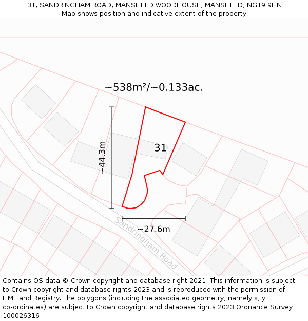 31, SANDRINGHAM ROAD, MANSFIELD WOODHOUSE, MANSFIELD, NG19 9HN: Plot and title map