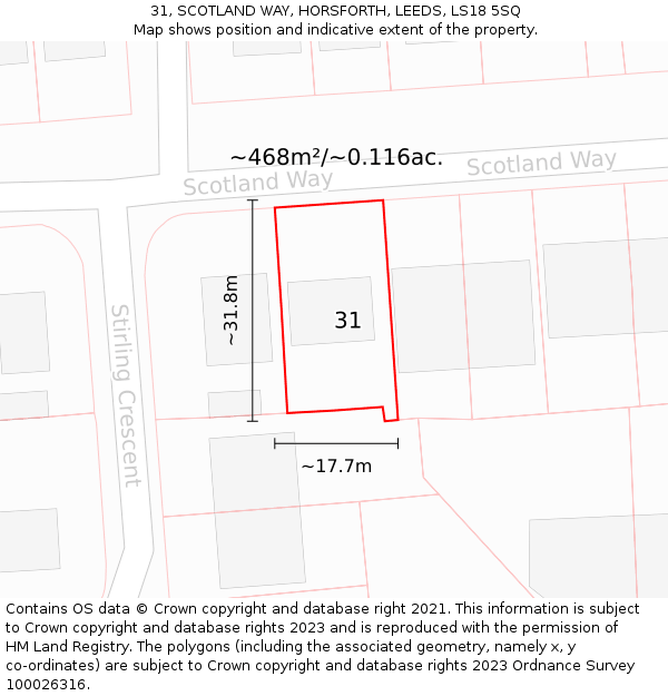 31, SCOTLAND WAY, HORSFORTH, LEEDS, LS18 5SQ: Plot and title map