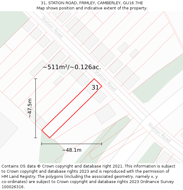 31, STATION ROAD, FRIMLEY, CAMBERLEY, GU16 7HE: Plot and title map