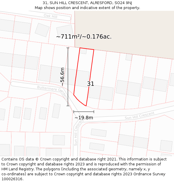 31, SUN HILL CRESCENT, ALRESFORD, SO24 9NJ: Plot and title map