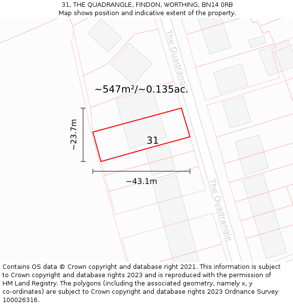 31, THE QUADRANGLE, FINDON, WORTHING, BN14 0RB: Plot and title map