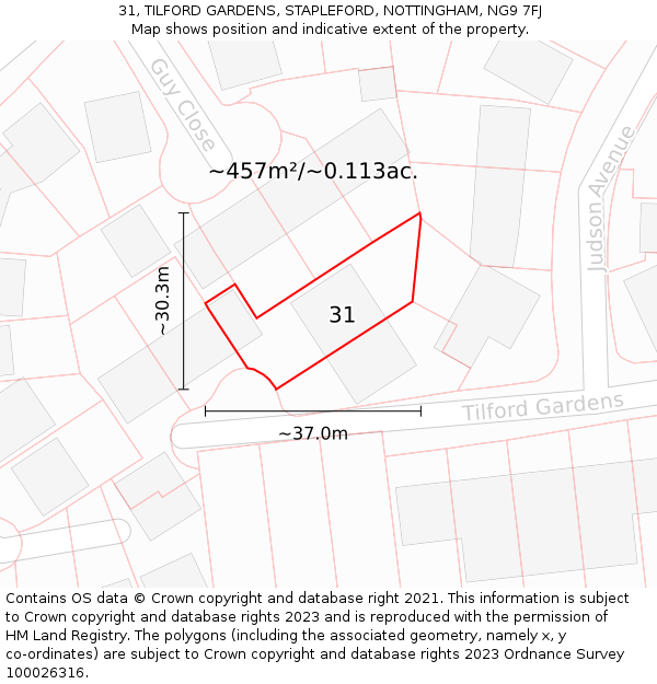 31, TILFORD GARDENS, STAPLEFORD, NOTTINGHAM, NG9 7FJ: Plot and title map