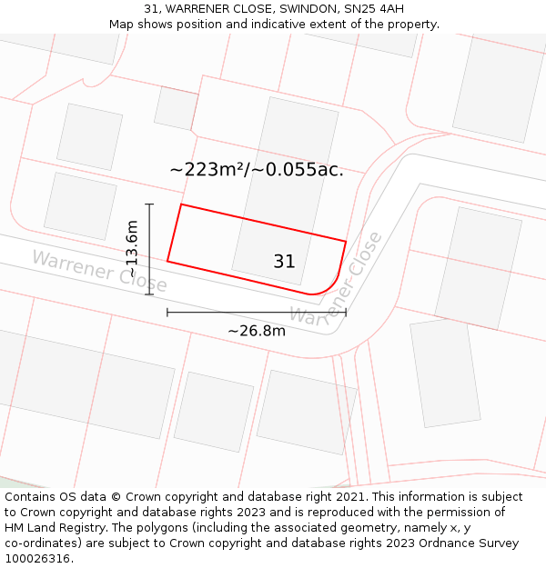 31, WARRENER CLOSE, SWINDON, SN25 4AH: Plot and title map