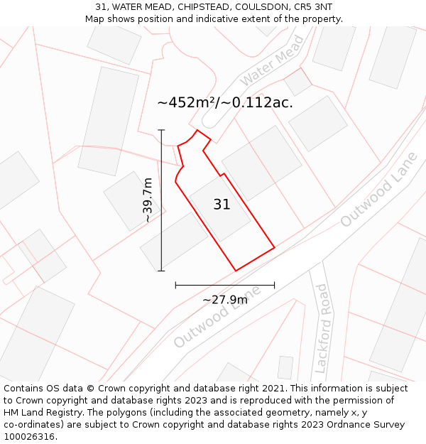 31, WATER MEAD, CHIPSTEAD, COULSDON, CR5 3NT: Plot and title map